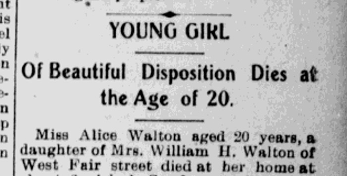 Newspaper report of the death of Alice Walton, 18 August 1904.