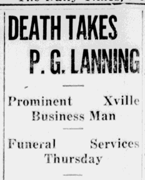 Newspaper report of the death of Philip G. Lanning, May 1937.