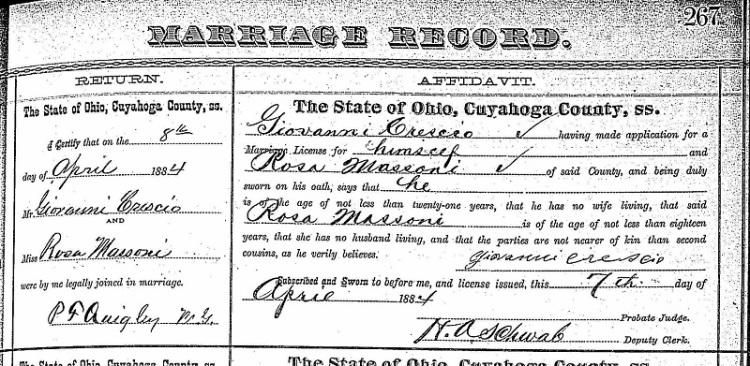 Record of John Crescio's marriage to Rosa Massoni in Cuyahoga County, Ohio, 8 April 1884. (Source: familysearch.org)