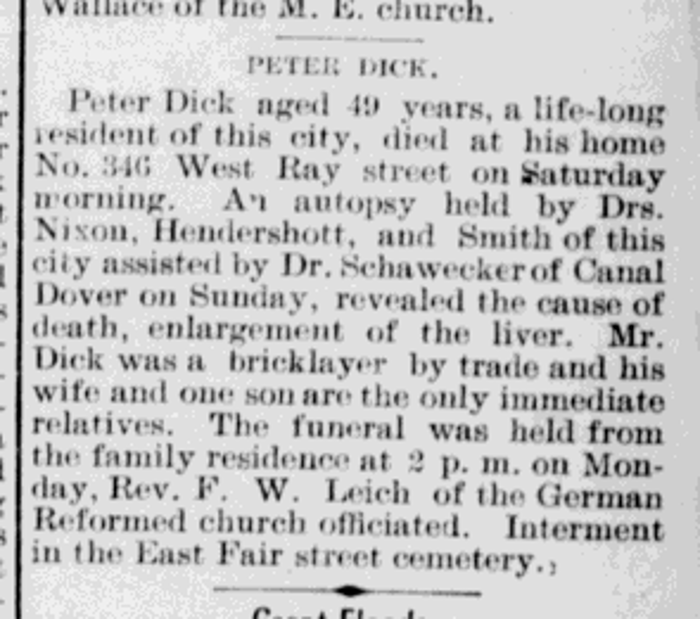 Report of the death of Peter Dick in the New Philadelphia newspaper, November 1900. (Source: newspaperarchive.org)