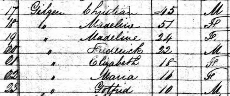 Christian Gilgen's family recorded on the ship Belmont's passenger list, 1850. (Source: familysearch.org)