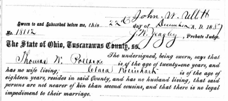 The marriage of Thomas and Clara recorded in the Tuscarawas County records, December 1887. (Source: familysearch.org)