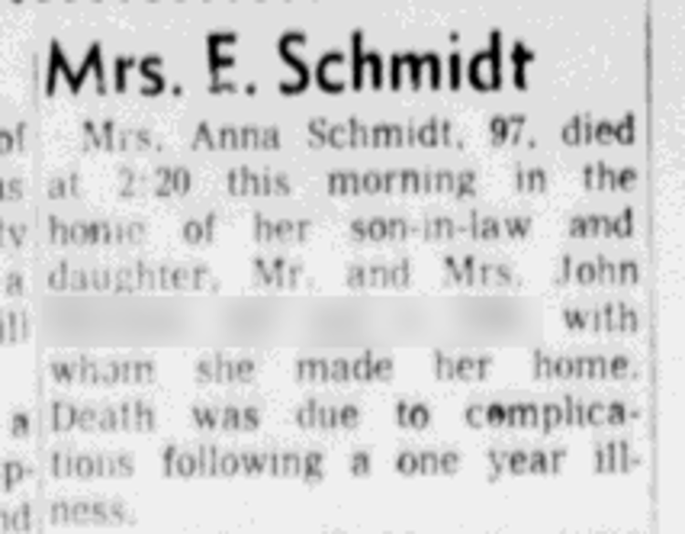 Anna Schmidt's death reported in the New Philadelphia newspaper, August 1966. (Source: newspaperarchive.com)