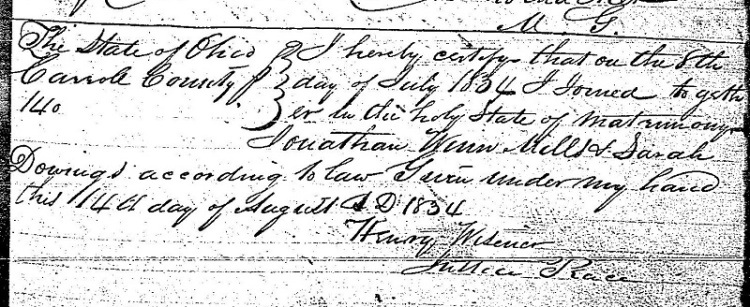 Marriage record of Jonathan Mills and Sarah Downing, August 1834. (Source: familysearch.org)