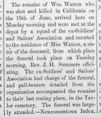Report in the New Philadelphia newspaper of the arrival and burial of William Watson, July 1884. (Source: newspaperarchive.org)