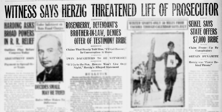 Newspaper headlines from the start of Ralph Herzig's trial, 28 July 1921. (Source: newspaperarchive.com)