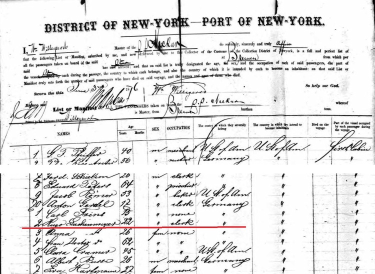 Hugo Lachenmeyer recorded on the passenger list for the SS Neckar upon its arrival in New York, June 1876. (Source: ancestry.com)
