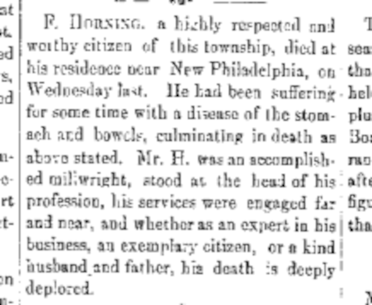 George Horning's death reported in the New Philadelphia newspaper, September 1879. (Source: newspaperarchive.com)